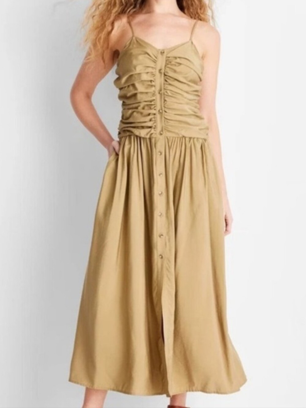 Nwot Future Collective Tan Ruched Buttondown Dress